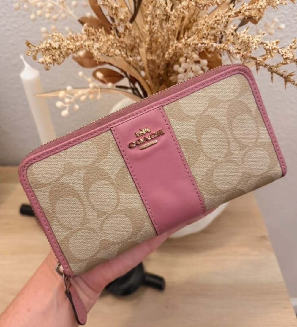 Coach Accordion Zip Wallet Colorblock Signature Canvas Tan Pink